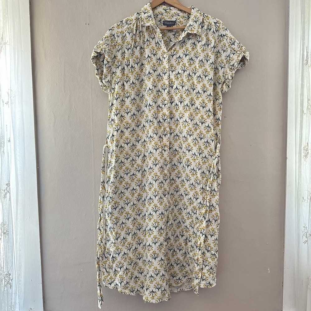 Style & Co Womens Floral Shirt Dress Size L Yellow Collared Ditsy Modest Cottage